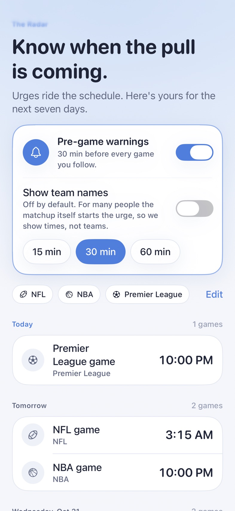 The Radar: upcoming games with pre-game warnings